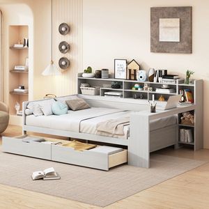Letto a scomparsa matrimoniale in legno bianco anticato con scaffali contenitore, scrivania da studio e divano letto multifunzionale con due cassetti contenitore - Product Image 1