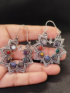 Handmade 7 Chakra Brass <b>Earrings</b> | Natural Gemstone Gold Plated Brass Dangle <b>Earrings</b> | Healing Crystal Jewelry | Wholesale Jewe - Product Image 2
