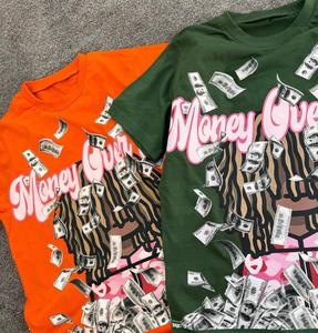 T-shirt vert imprimé « Money Over Lust » pour homme, style streetwear, manches courtes, col rond, coupe classique, en coton, prix de gros, OEM - Product Image 2