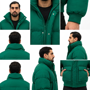 Blouson matelassé vert pour homme, col montant, fermeture éclair, coupe standard, décontracté, hiver, coupe ample, couleur unie, extérieur polyester, à capuche - Product Image 6