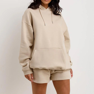 Ensemble de survêtement à capuche pour femme, couleur unie, coupe décontractée, manches longues, en coton, avec short, pour le printemps - Product Image 2