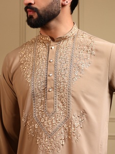<b>Men</b> Beige Embroidered <b>Kurta</b> Pajama Set Regular Fit Traditional Indian Pakistani Knee-Length Wedding Wear - Product Image 6