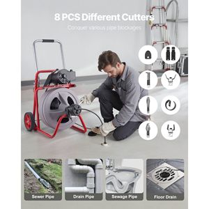 Macchina Portatile per la Pulizia degli Scarichi con Spirale Autoalimentata da 8 Piedi Cubi, Ruote e Cavo da 100 Piedi x 1/2 Pollice - Product Image 5