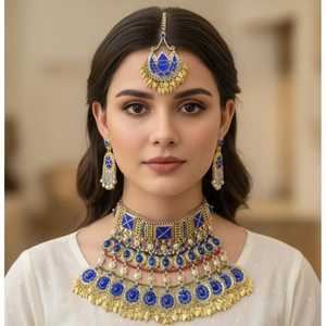 Afghan Tribal Kuchi Jewelry <b>Set</b> For Women Featuring Large Reflective Crystals In Choker Necklace And Long Dangling - Product Image 2