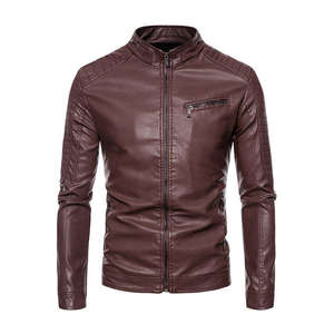 Men PU Leather Slim Fit Moto Biker <b>Jacket</b> Stand Collar <b>Zipper</b> Front <b>Pocket</b> Windproof Autumn Wear - Product Image 3