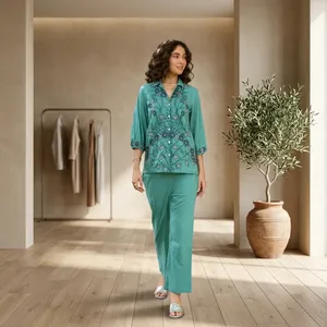 Ensemble bohème pour femmes en coton brodé floral avec col rabattu, manches trois quarts, pantalon ample, tenue printemps été - Product Image 4