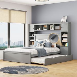 Queen Size Wooden Bed with All-in-One Cabinet Shelf <b>Sockets</b> <b>Twin</b> XL Trundle in Gray - Product Image 1