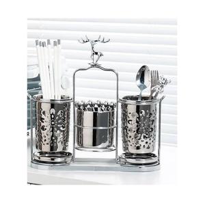 Porta palillos y cucharas de acero inoxidable con dos compartimentos, organizador de cubiertos metálico. - Product Image 1