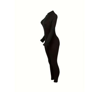 Summer Women <b>Sport</b> <b>Jumpsuit</b> Short Sleeve Zip up Flared Pants Solid Color Spandex Nylon Activewear 1 Piece Custom Logo Wholesale - Product Image 5