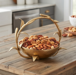 Elegante tazón de metal dorado para aperitivos con asa floral, tazón decorativo para frutas y nueces, elegante centro de mesa para fiestas y bodas - Product Image 6