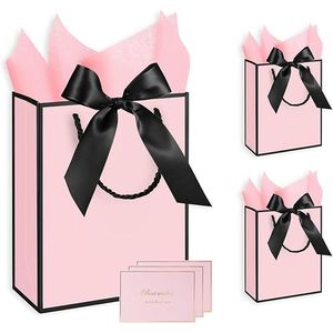 Set di 3 Sacchetti Regalo in Carta Rosa di Medie Dimensioni con Manici in Tessuto, Fiocco e Biglietti di Auguri 20x13x25 cm per Regali - Product Image 1