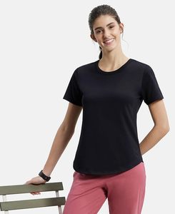 Camiseta de Manga Corta con Cuello Redondo Negra para Mujer, Corte Regular, Secado Rápido, Tejido de Poliéster, Color Sólido Informal, para Todas las Temporadas - Product Image 4
