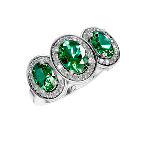 Bague en émeraude intemporelle à 3 pierres en or blanc Halo superbe en argent sterling coupe ovale classique certifiée IGI pour anniversaire de mariage - Product Image 1