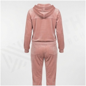 Women <b>Pink</b> Velvet Hooded <b>Tracksuit</b> Set Full Zipper Sweatshirt & Joggers Casual Autumn Wear Solid Color Long Sleeve Pants - Product Image 2