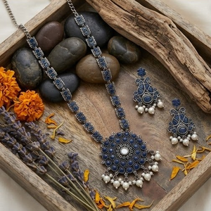 DIVYORO Royal Blue Floral Motif Oxidized Silver <b>Boho</b> Chic Adjustable Length <b>Necklace</b> and Earring Set for Anniversary - Product Image 3
