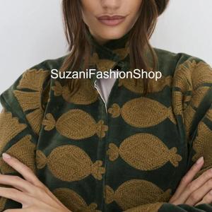 Blouson en velours unisexe à manches longues, col montant, motif brodé, style hiver, longueur standard, ouverture frontale, finition brute - Product Image 3