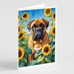 Bullmastiff caprichoso en girasoles A7 tamaño 5x7 tarjetas de felicitación en blanco Paquete de 8 incluye sobres para escribir notas - Product Image 1