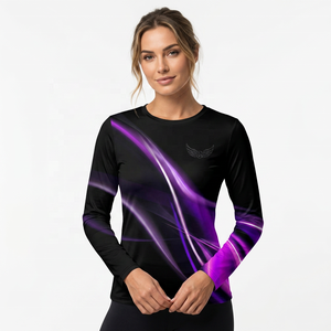 T-shirt imprimé à manches longues pour homme, motif noir et violet, séchage rapide, col rond, tissu tricoté, coupe classique - Product Image 3