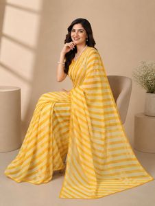 Sari Indio Tradicional Amarillo con Estampado Leheriya en Georgette, para Uso Diario, Festivo y de Fiesta, para Mujer, Venta al Por Mayor - Product Image 3