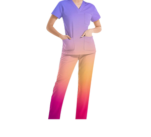 Conjunto de uniforme médico de algodón morado para mujer, top con cuello en V y bolsillos, pantalones rectos, uniformes de hospital, tela tejida, detección de agujas, venta al por mayor - Product Image 4