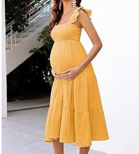 Robe longue maxi unie en soie et lin jaune pour femme enceinte, vêtements d'été les plus vendus, robe de maternité de haute qualité, vente en gros OEM - Product Image 5