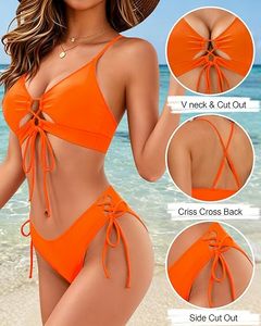 Conjunto de bikini naranja para mujer, top halter cruzado con lazo frontal y braga de color liso con lazo lateral, traje de baño de dos piezas para playa - Product Image 4