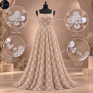 Tissu à paillettes florales avec motifs de fleurs blanches et lignes perlées |   Tissu en maille décoratif pour robes de mariée et tenues de soirée - Product Image 5