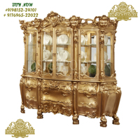 Armoire à curiosités de style français provincial à 4 portes, en bois de teck, finition argentée, verre, taille personnalisée, couleur personnalisée, décoration intérieure