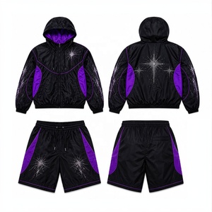 Ensemble de survêtement d'été noir et violet uni scintillant, veste à capuche et short, léger, deux pièces, coupe-vent imprimé personnalisé sur le devant, taille S - Product Image 3