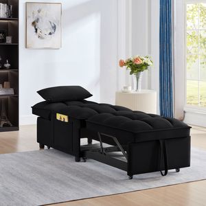 4-in-1 Multi-Function Convertible Black Chaise Lounge Tufted <b>Single</b> <b>Pull</b>-<b>Out</b> Sofa <b>Bed</b> with Adjustable Backrest & Storage Pockets - Product Image 3