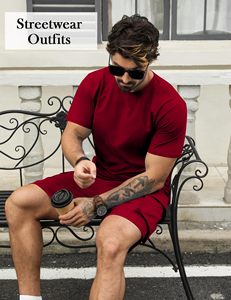 Mens Short Sets 2 Piece Outfits Short Sleeve Crewneck Summer <b>T</b> Shirt and Drawstring Casual <b>Track</b> Shorts Set - Product Image 5
