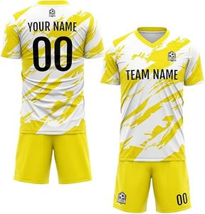 เสื้อฟุตบอลแบบกำหนดเองสำหรับผู้ชาย คอวี แขนสั้น สีขาวเหลือง พิมพ์ลายแบบซับลิเมชั่น ระบายอากาศได้ดี ผลิตจากโพลีเอสเตอร์ ชุดทีมสำหรับผู้ใหญ่ ใช้ได้ทุกฤดูกาล - Product Image 3