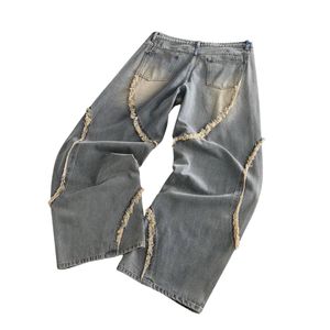 Custom Raw Edge Patchwork Jeans <b>Men</b> Women Baggy Wide Leg Denim Pants Raw Seam Vintage Y2K Washed Streetwear <b>Trousers</b> - Product Image 4