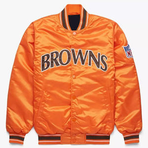 Chaqueta Varsity Personalizada de Satén Naranja para Hombre, Chaqueta Bomber con Logotipo Bordado en Marrón, Uniforme de Béisbol Letterman al por Mayor, Ropa Deportiva - Product Image 1