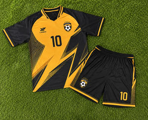 Ensemble de maillots de football personnalisés pour hommes, uniforme de football noir et or, impression par sublimation, manches courtes, maille 100% polyester, équipe - Product Image 6