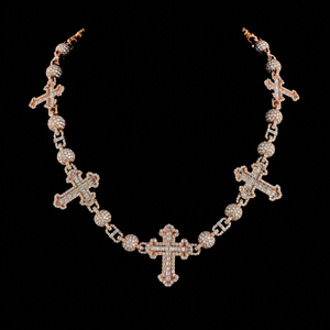 Collar con Cruz de Moissanita Chapado en Oro Rosa de 18K, Cadena con Cuentas, Joyería Cristiana Moderna Unisex, Precio al por Mayor - Product Image 3