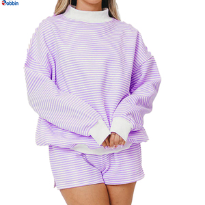 <b>Top</b> Trending Hot Selling Women's Pink Striped 2Pcs Shorts Set <b>Mock</b> <b>Neck</b> Long Sleeve Knitted Casual Loose Fit Spring Summer - Product Image 4