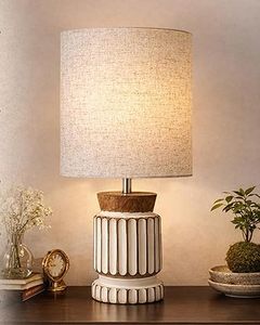 Modern Table Lamp Beige Fabric Shade Fluted Ceramic Base Bedside Reading Light <b>Home</b> Decor - Product Image 4