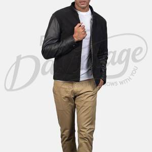 Chaqueta bomber de gamuza negra para hombre con mangas de cuero genuino, estilo híbrido ajustado, estilo motociclista, con cremallera, estilo universitario. - Product Image 3