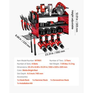 Organizzatore da Parete per Utensili Elettrici, Scaffale a 3 Livelli con 4 Supporti per Trapani, Portautensili con Pannello Laterale Forato - Product Image 4