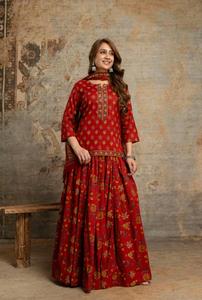 ชุดคุर्ติผ้าฝ้ายสีแดงมารูนสุดหรูพร้อมกระโปรงยาวลายดอกไม้แบบดั้งเดิมสำหรับผู้หญิง สวมใส่ในโอกาสพิเศษ - Product Image 3