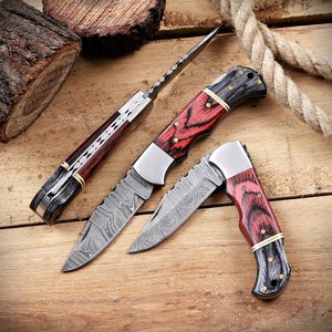 Couteau de poche pliant à verrouillage en acier Damas de qualité industrielle UA Supplies, manche en bois personnalisé OEM, couteau de chasse EDC pour l'extérieur - Product Image 1