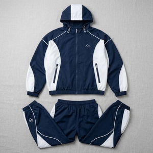 Unisex <b>Navy</b> White Color Tracksuit Hooded Zipper Full Sleeve Windproof Regular Fit Polyester Jogging Set - Product Image 5
