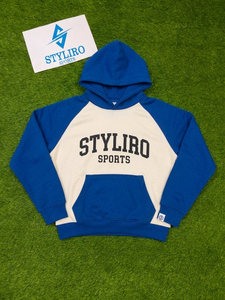 เสื้อฮู้ดดี้โอเวอร์ไซส์สีน้ำเงินขาวสไตล์สปอร์ตสำหรับผู้ชาย ยี่ห้อ Styliro ผ้าเฟรนช์เทอร์รี่ ล้างสีแบบแอซิดวอช สวมใส่สบาย เหมาะสำหรับฤดูหนาว - Product Image 1