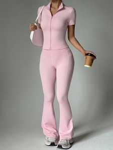 Womens Short Sleeve Full Zip <b>Mock</b> <b>Neck</b> <b>Top</b> and Flared Pants Set | 2 Piece Gym Workout Tracksuit Fitted Activewear Co ord - Product Image 2