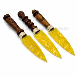 Magnifique manche de couteau décoratif portable haut de gamme de 8 pouces, sculpté à la main et gravé, en fibre optique jaune et pierre précieuse, motif pointe de flèche - Product Image 1
