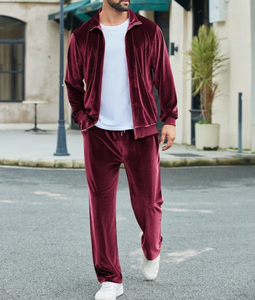 <b>Men</b> <b>Velvet</b> Tracksuit Full Zip <b>Jacket</b> and Jogger Pants Solid Color Casual Two Piece Set for Autumn Winter Wear - Product Image 4