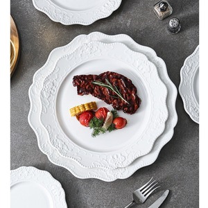 White ceramic Plates with Embossed decorative floral Pattern glossy Underglazed Durable Eco-Friendly BPA Free Oven <b>Microwave</b> - Product Image 6