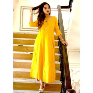 Kurti long jaune décontracté et écologique pour femme avec Bijiya Gotta en tissu popeline XS pour un usage quotidien - Product Image 1