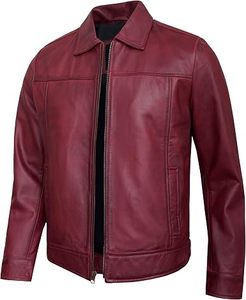 Veste en cuir véritable bordeaux vintage pour homme, sur mesure, col chemise en peau de mouton véritable, fermeture éclair décontractée, vente en gros OEM de qualité supérieure - Product Image 1